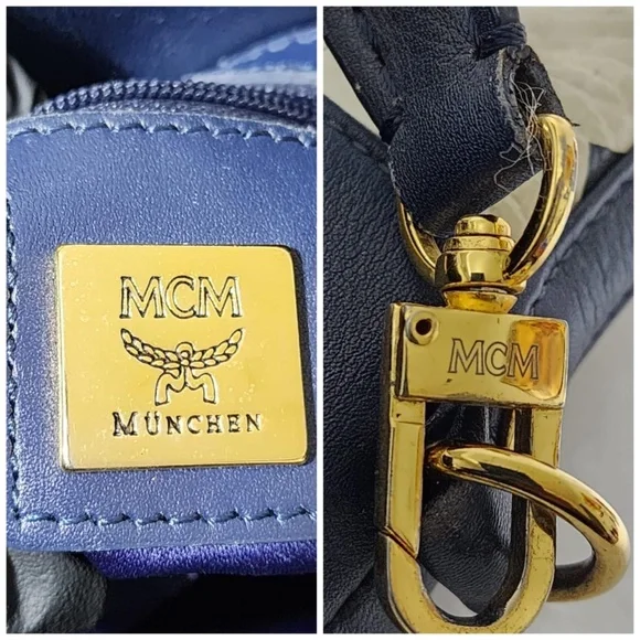 Authentic MCM 2way Visetos Small Drawstring Shoulder Bag White/Navy Blue - Picture 16 of 16